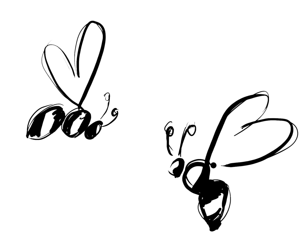Gezeichnetes Schwarz-Weiß-Bild mit zwei Bienen, die sich gegenüberschweben
